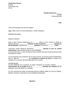 Lettre de mise en jeu du contrat d'assurance décès 