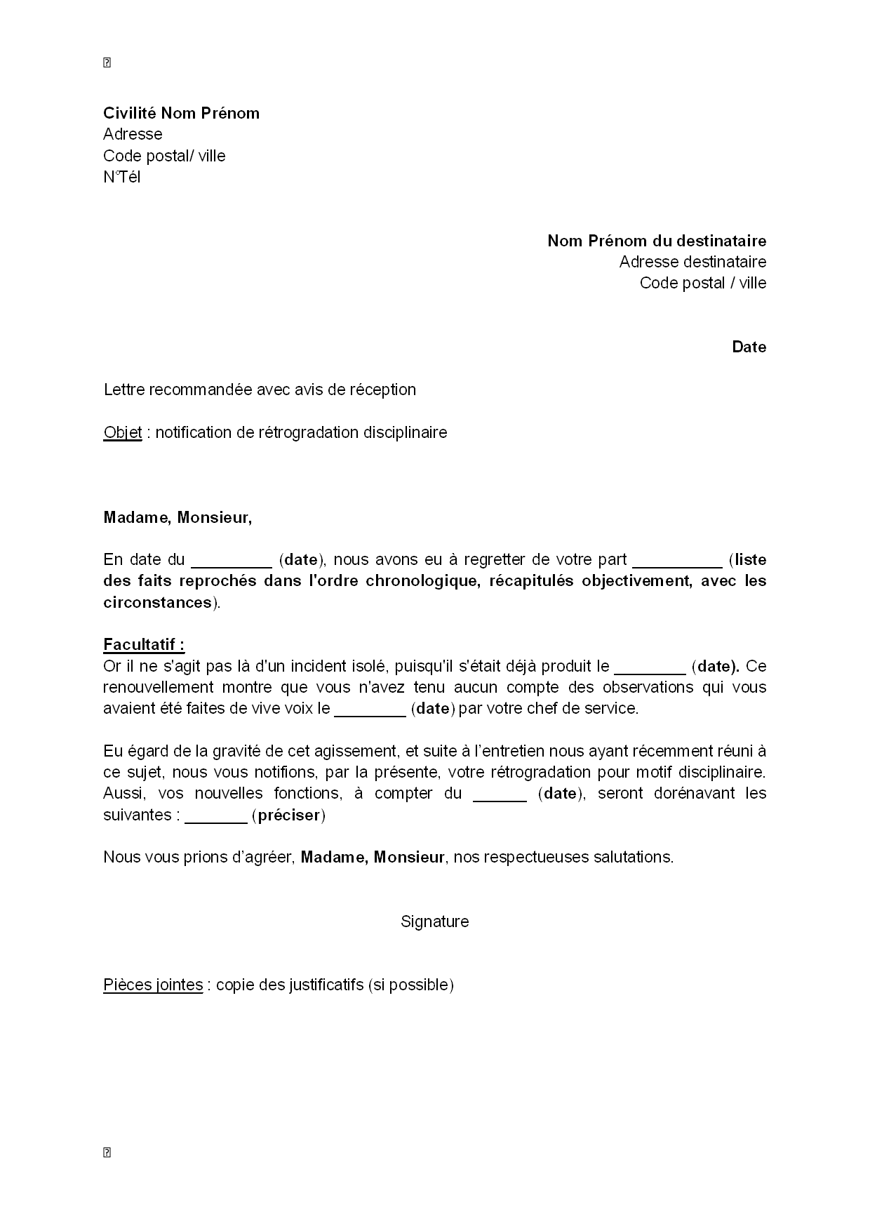 Lettre de notification d'une rétrogradation disciplinaire 