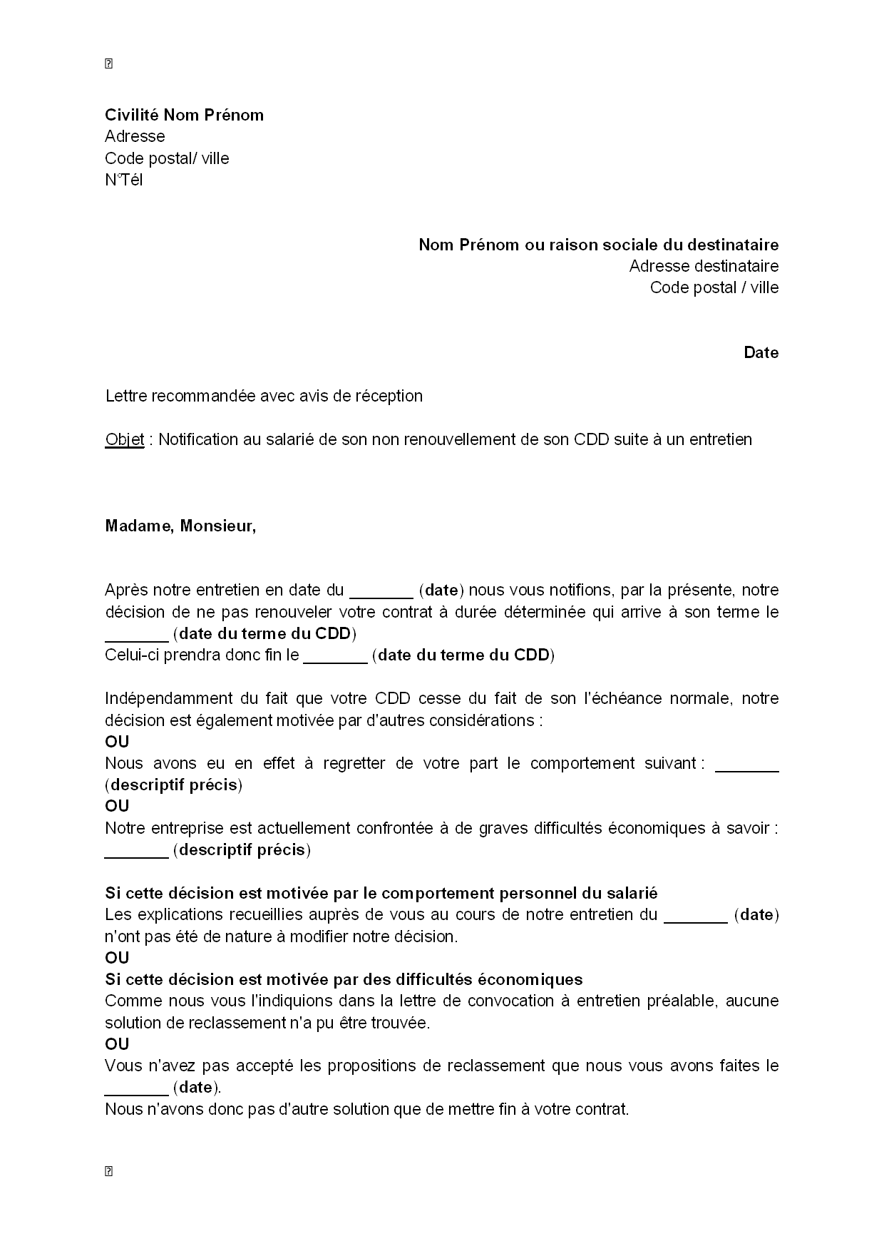 Exemple gratuit de Lettre notification non renouvellement 