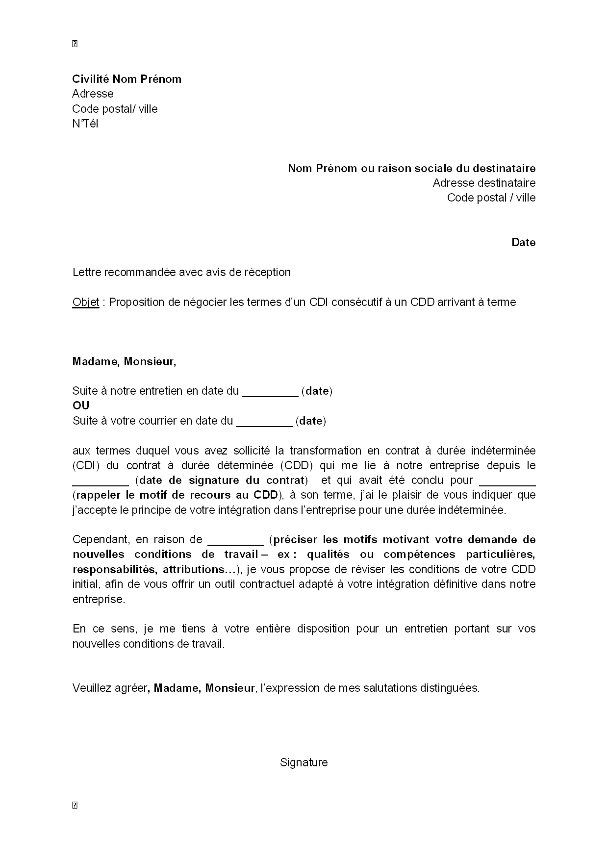 exemple lettre de demande de cdi après cdd