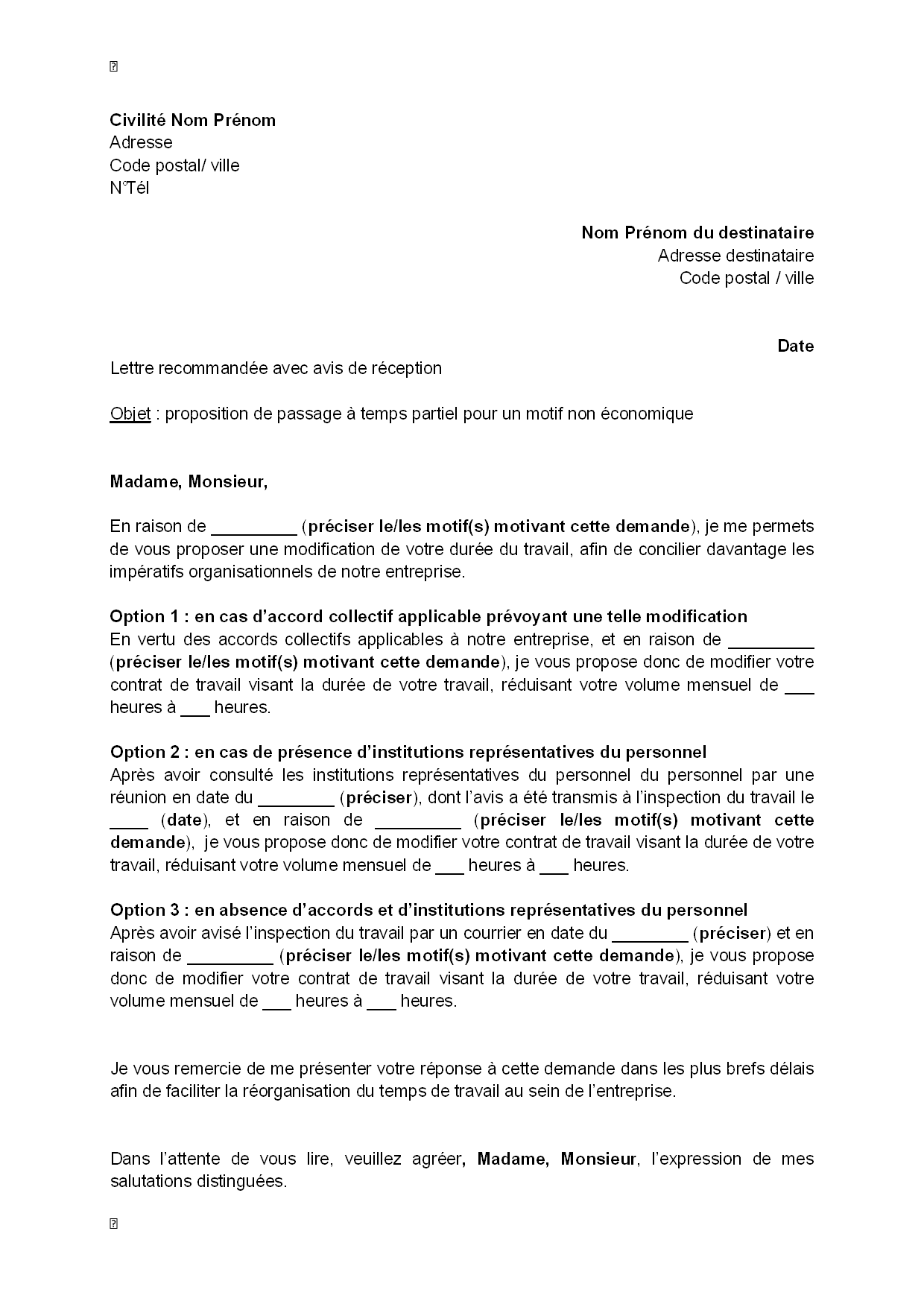 exemple de lettre de diminution de temps de travail