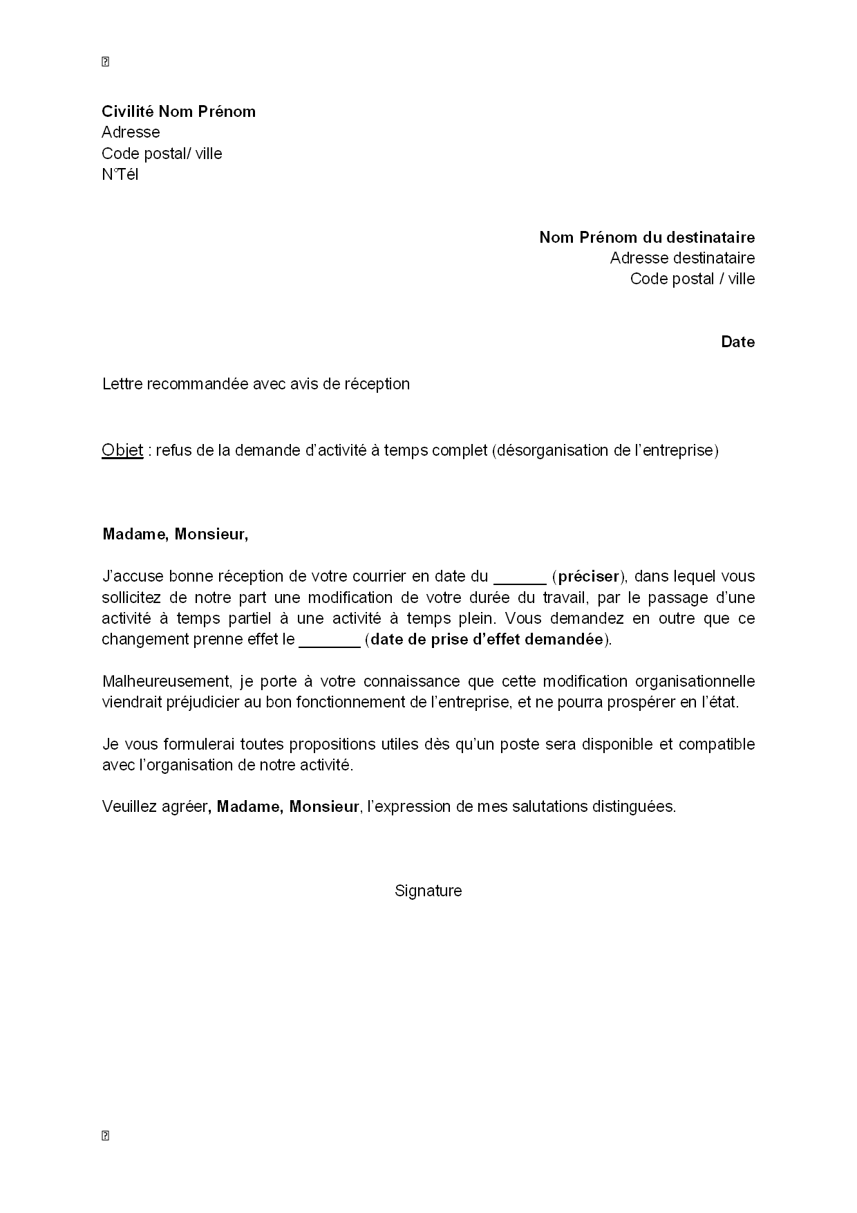 Exemple gratuit de Lettre refus, par employeur, demande 