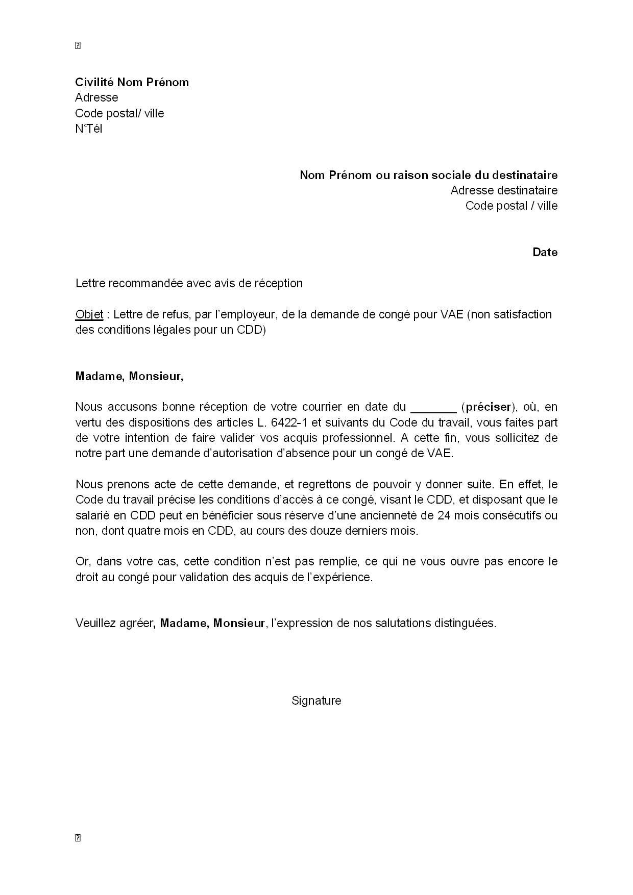 Lettre de refus, par l'employeur, de la demande pour congé 