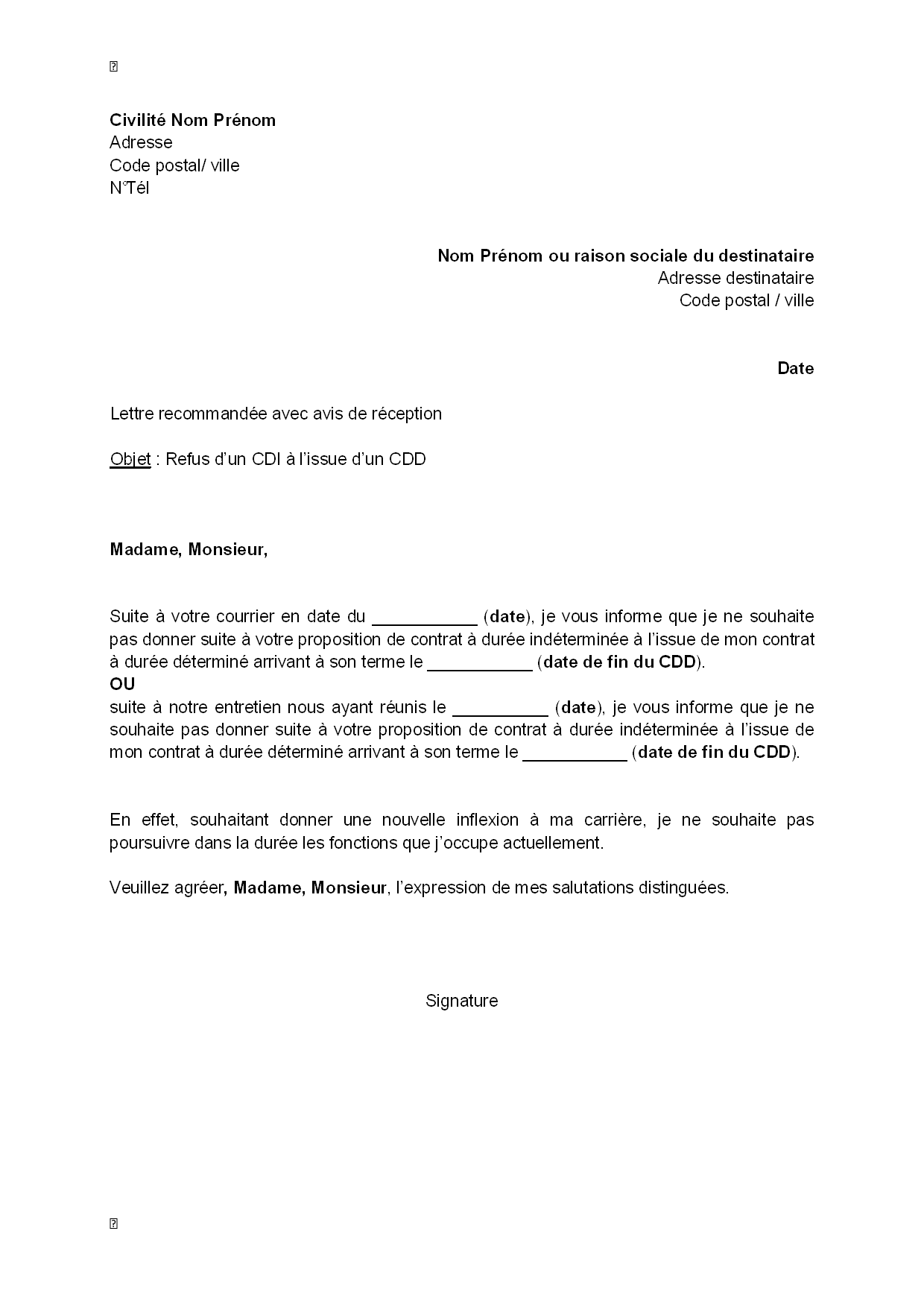 Exemple gratuit de Lettre refus, par salarié, un CDI à issue CDD