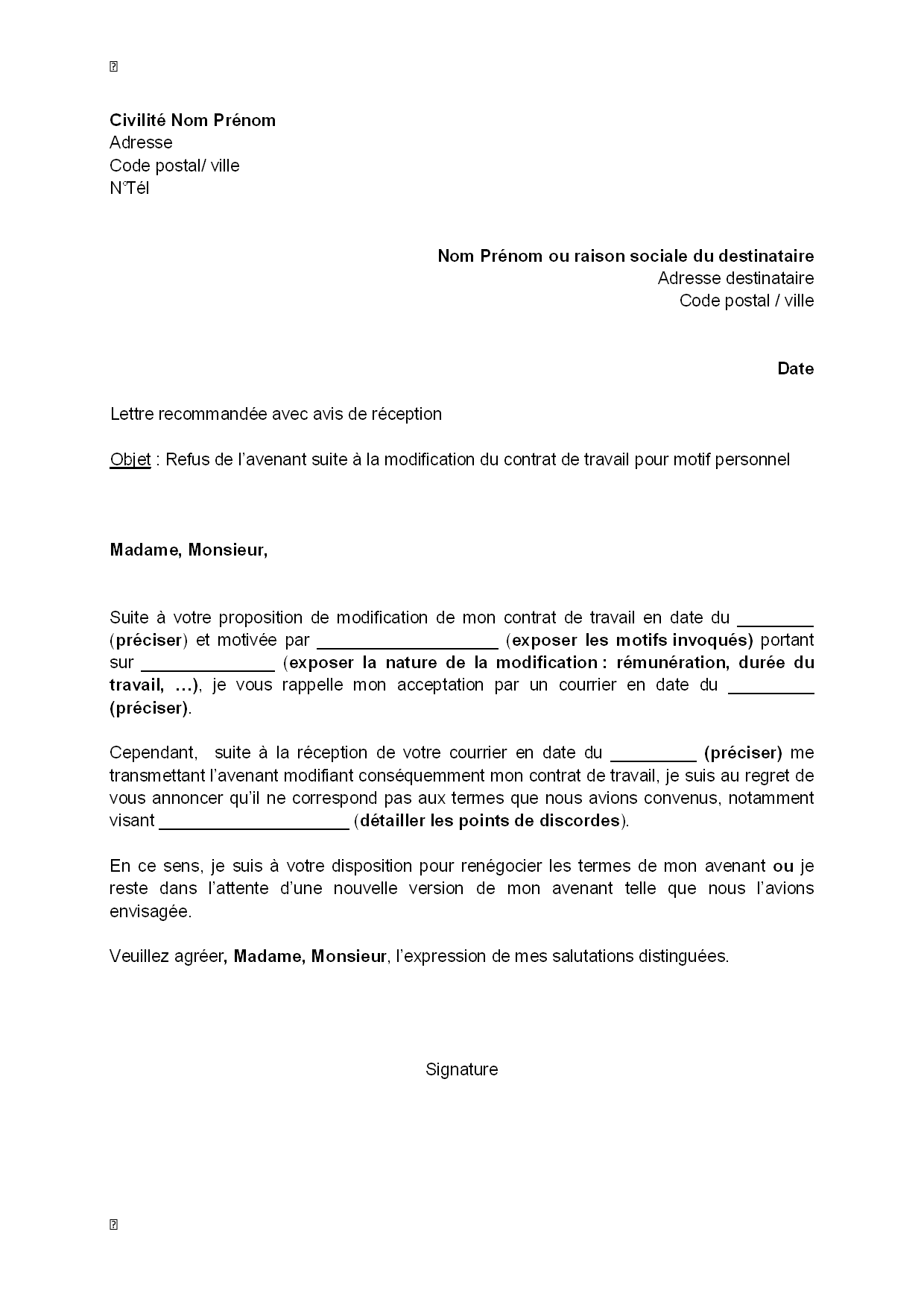 Courrier à son chef refusant un avenant