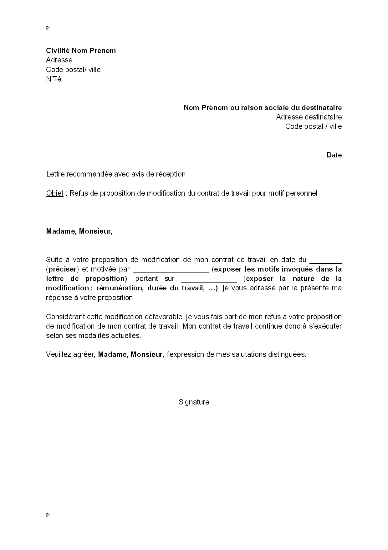 Exemple gratuit de Lettre refus, par salarié, modification 