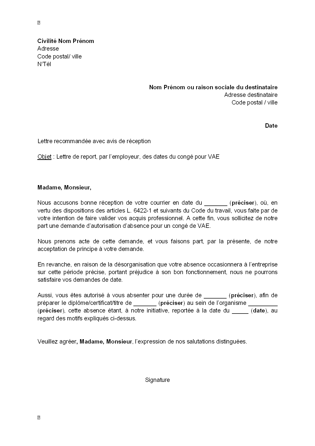 Exemple gratuit de Lettre report, par employeur, dates 