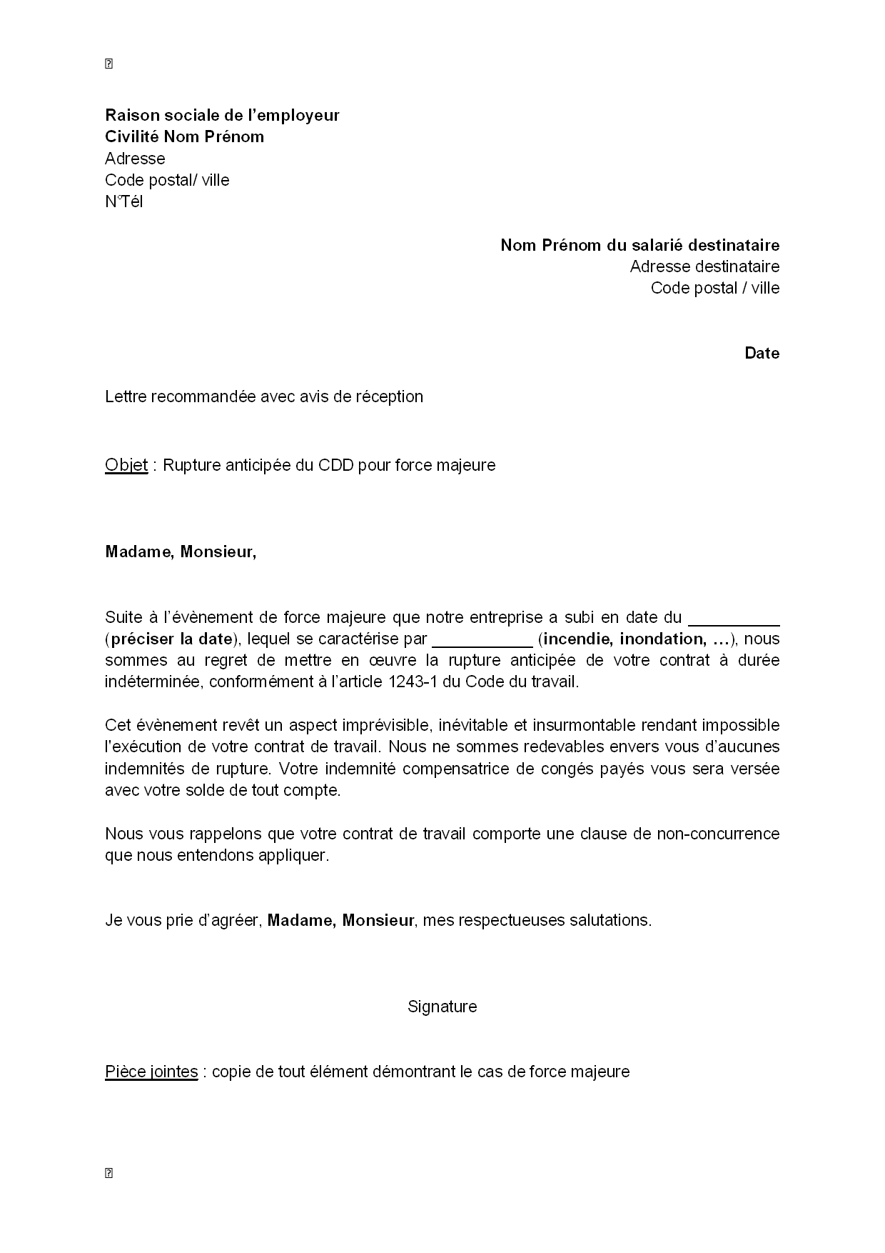 Modele de lettre de licenciement a l amiable gratuit