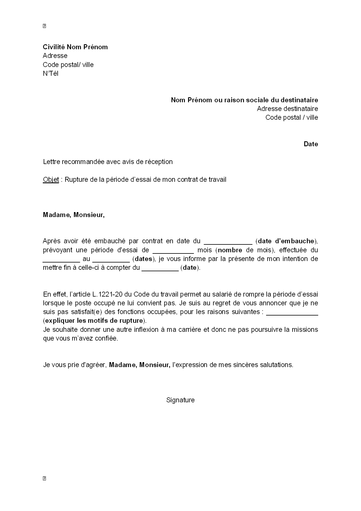 Rupture contrat en période d essai