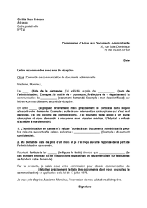 Lettre de saisine de la CADA Commission d'Accès aux 