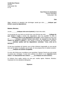 Lettre de signalement de dommages causés par un animal 